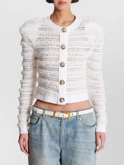 Balmain Tweed Knit Cardigan Featuring Shoulder Pads