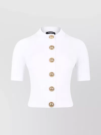 Balmain Crewneck Ribbed Cardigan Short Sleeves In White