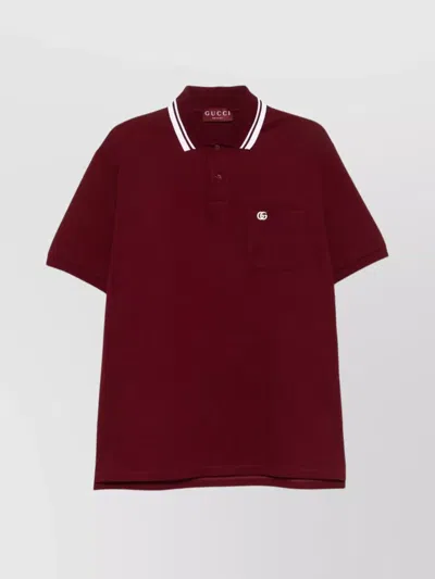Gucci Bordeaux Polo Shirt With Striped Motif On The Collar And Double G Embroidery On The Front In C