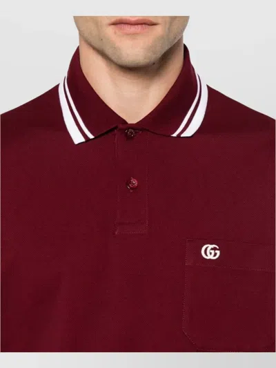 Gucci Bordeaux Polo Shirt With Striped Motif On The Collar And Double G Embroidery On The Front In C