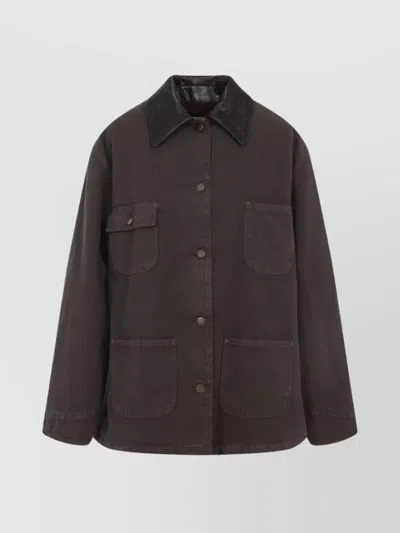 Prada Canvas Cotton Jacket Leather Collar In Brown