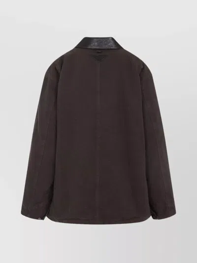 Prada Canvas Cotton Jacket Leather Collar In Brown