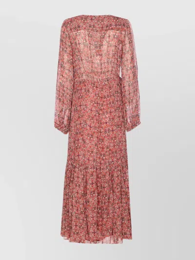 Isabel Marant Étoile Printed Button Detail Drawstring Flounced Lightweight V-neck Dress In Orange