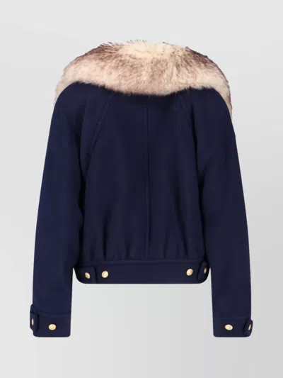 Chloé Crop Double Breasted Coat With Genuine Shearling Collar In Blue