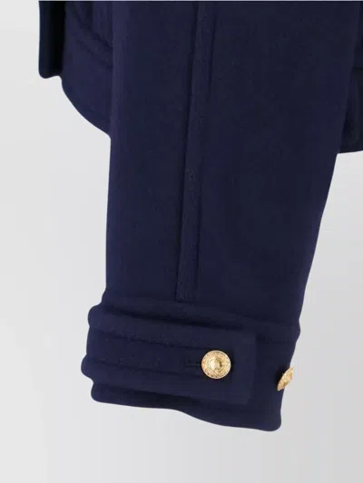 Chloé Crop Double Breasted Coat With Genuine Shearling Collar In Blue