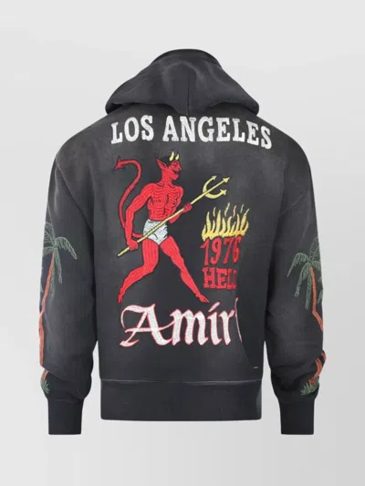 Amiri Hooded Sweatshirt With Front Pocket And Palm Tree Motif In Black