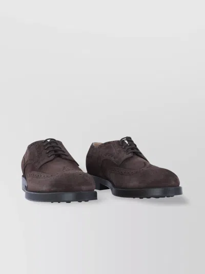 Tod's Brown Wingtip Derby Shoes With Intricate Brogue Detailing
