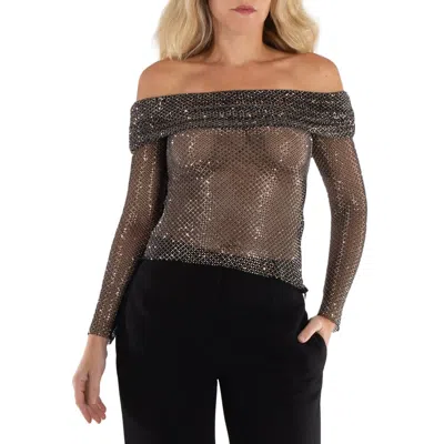 Self-portrait Self Portrait Rhinestone Embellished Off-shoulder Top In Gray