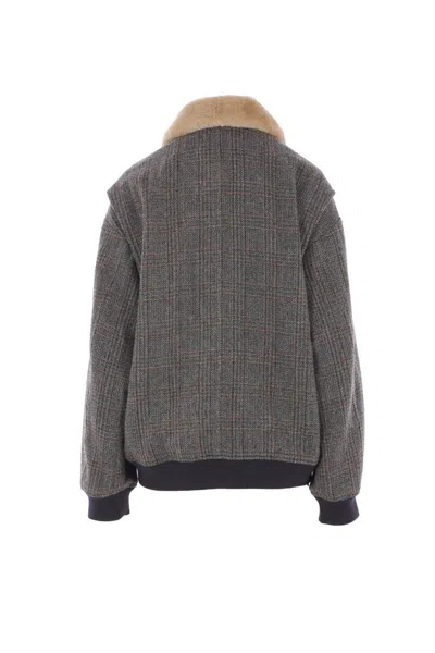 Miu Miu Checked Virgin Wool Jacket With Shearling Collar In Gray
