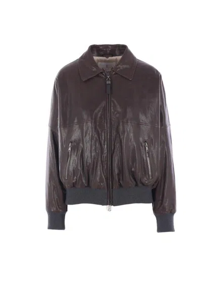 Brunello Cucinelli Shearling Collar Leather Jacket Women In Brown