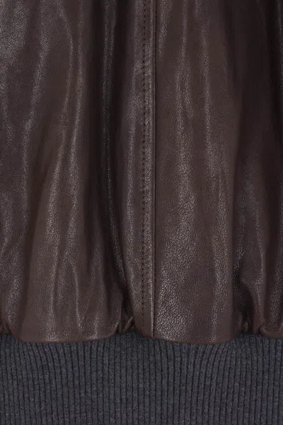 Brunello Cucinelli Shearling Collar Leather Jacket Women In Brown