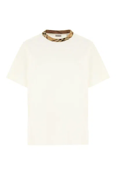 Burberry White Crewneck T-shirt With Check Motif On The Collar In Cotton Man