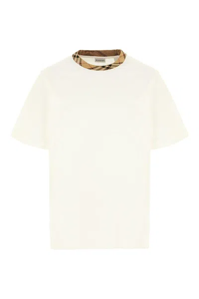 Burberry White Crewneck T-shirt With Check Motif On The Collar In Cotton Man