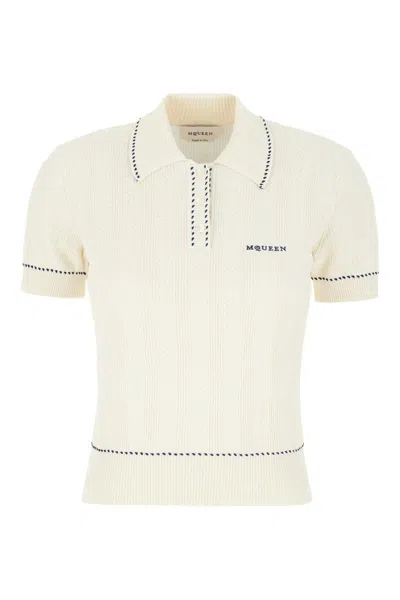 Alexander Mcqueen White Polo Shirt With Classic Collar And Logo Lettering Embroidery On The Front In Viscose Woman In Neutral