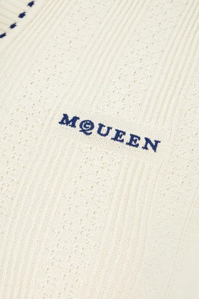 Alexander Mcqueen White Polo Shirt With Classic Collar And Logo Lettering Embroidery On The Front In Viscose Woman In Neutral