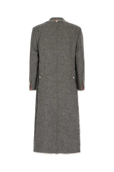 Thom Browne Wool Coat With Frayed Edges And Button Detailing In Gray