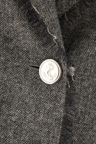 Thom Browne Wool Coat With Frayed Edges And Button Detailing In Gray
