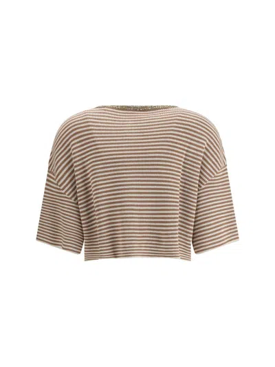 Brunello Cucinelli Women Cropped Striped Cardigan In Brown