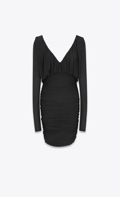 Saint Laurent V-neck Gathered Mini Dress In Black