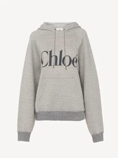 Chloé Hooded Cotton Blend Sweatshirt With Kangaroo Pocket In Gray