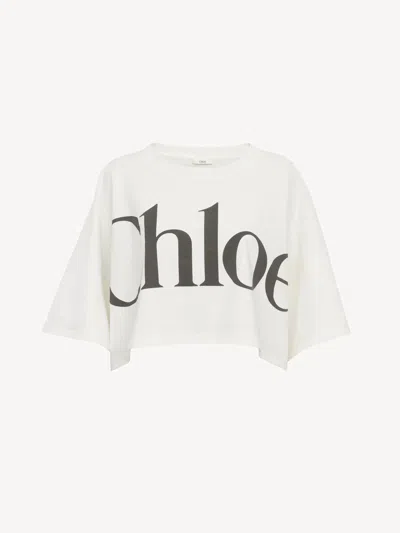 Chloé White Cropped Crewneck T-shirt With Maxi Logo Print On The Front In Cotton Woman In White