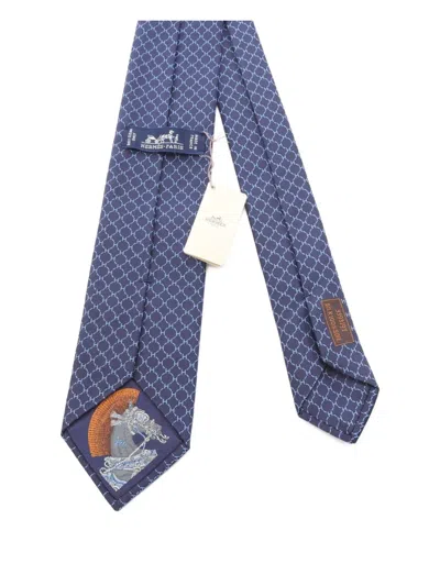 Pre-owned Hermes 2020s Geometric-pattern Silk Tie In Blue