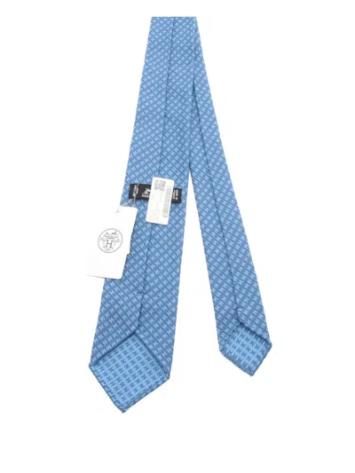 Pre-owned Hermes 2020s Patterned Wool Tie In Blue