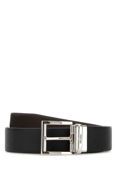 Prada Adjustable Reversible Leather Belt In Black