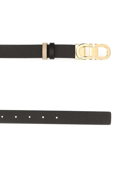 Ferragamo Leather Belt Reversible Adjustable Length Gold-tone Buckle In Black