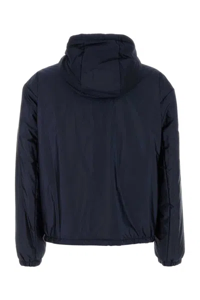 Prada Padded Jacket With Hood And Elastic Cuffs In Blue