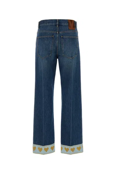 Valentino Heart Court Straight Jeans With Embroidered Hem In Blue