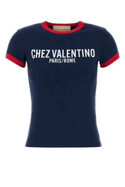 Valentino Crew Neck Cotton T-shirt With Contrast Trim In Blue