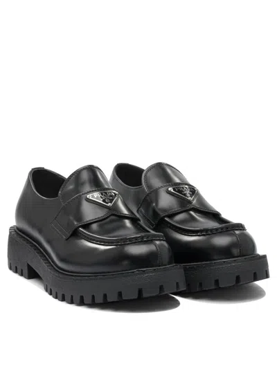 Prada Polished Black Leather Loafers With Chunky Rubber Sole