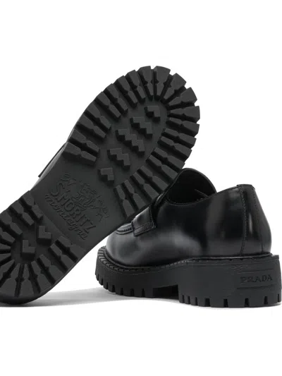 Prada Polished Black Leather Loafers With Chunky Rubber Sole