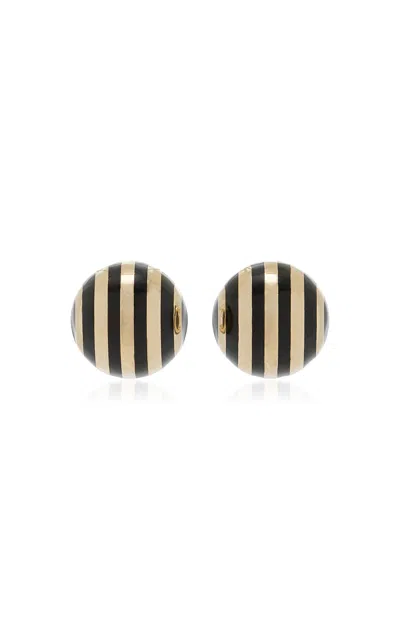 Rachel Quinn Striped Ball Button14k Yellow Gold Black Enamel Earrings