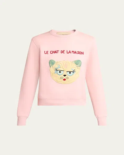 Valentino Cat-embroidered Cotton Jersey Sweatshirt In Pink