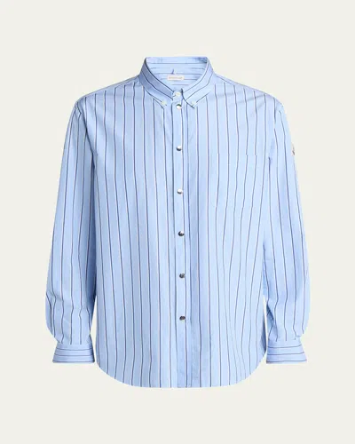 Moncler Logo Patch Stripe Cotton Poplin Button-down Shirt In Blue
