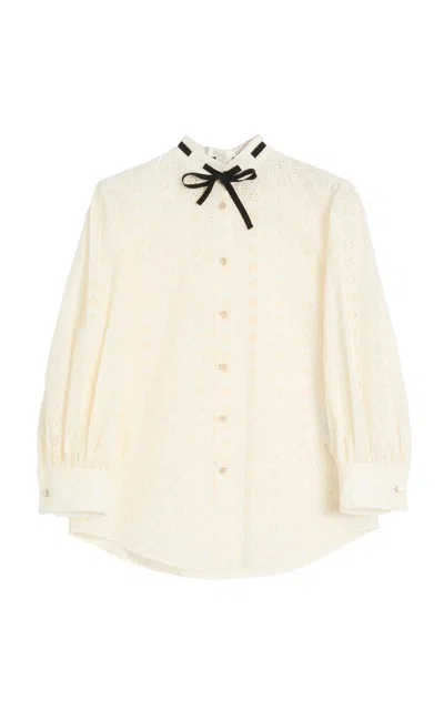 Valentino Daisy Polka-dot Sangallo Button-down Shirt In Neutral