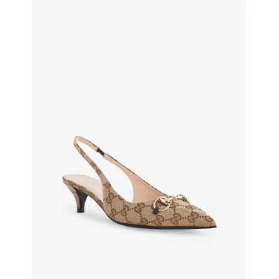 Gucci Womens Beige Ebony Erin Gg 45 Slingback Canvas Pumps Eur 37 / 4 Uk