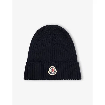 Moncler Boy's Logo Ribbed Wool Beanie In Black