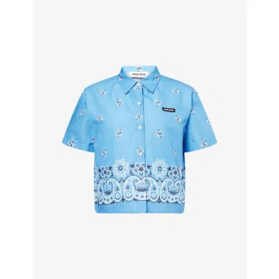 Miu Miu Womens Pervinca Boxy-fit Graphic-pattern Cotton-and-linen Shirt