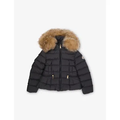 Moncler Black Boedette Fur-embellished-hood Woven-down Jacket 4- In Black