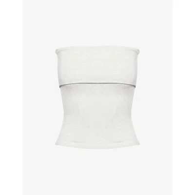 Adanola Womens Light Grey Melange Fold-over Strapless Stretch-cotton Top In White