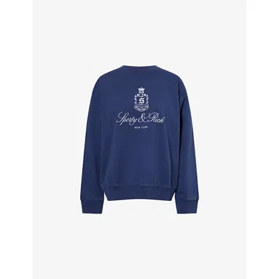 Sporty And Rich Womens Dark Navy Vendome Embroidered Crewneck Cotton-jersey Sweatshirt