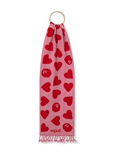A Bathing Ape Heart-pattern Fringed Scarf In Pink