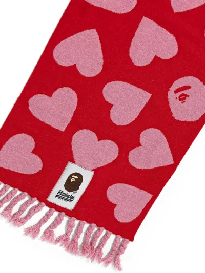 A Bathing Ape Heart-pattern Fringed Scarf In Pink