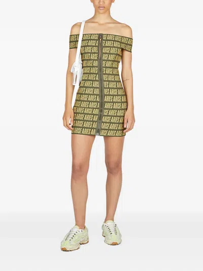 Aries Logo-print Off-shoulder Mini Dress In Green
