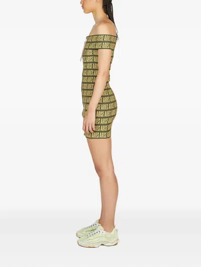 Aries Logo-print Off-shoulder Mini Dress In Green