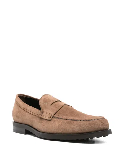 Tod's Penny Suede Loafers In Brown