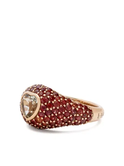 Lisa O 18k Yellow Gold Heart Prasiolite Orange Sapphire Ring
